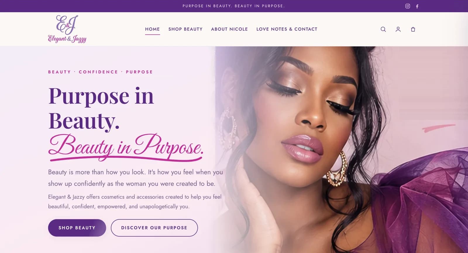 Elegant & Jazzy homepage: “Purpose in Beauty. Beauty in Purpose.” with Shop Beauty and Discover Our Purpose buttons