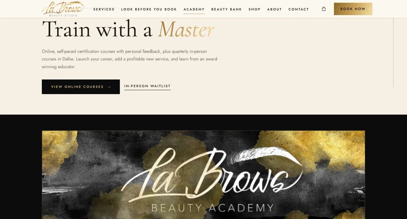 LaBrows Beauty Academy page: “Train with a Master” online courses