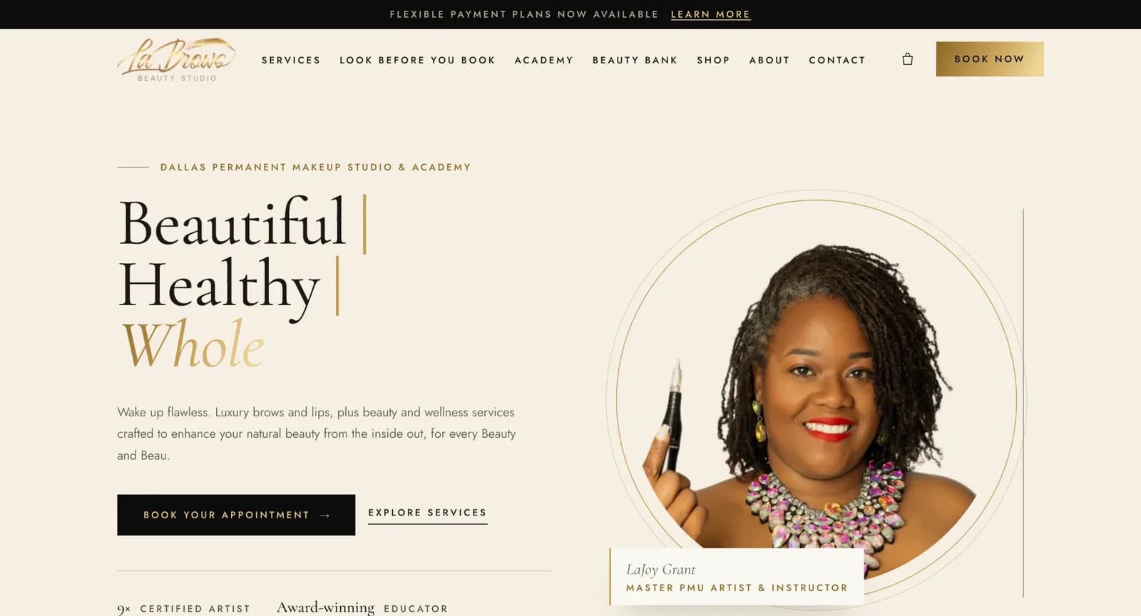 LaBrows Beauty homepage: “Beautiful, Healthy, Whole” with LaJoy Grant, Master PMU Artist & Instructor