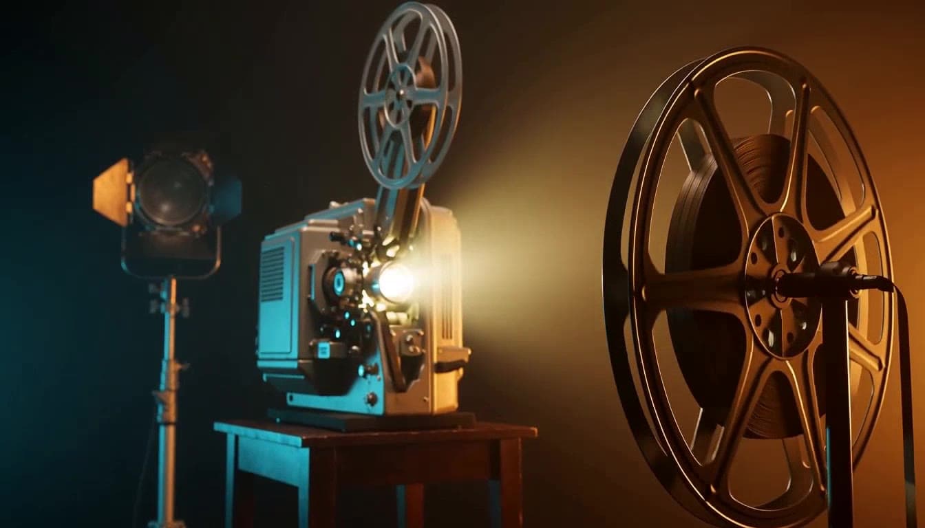 Sample animation: a projector, film reels and studio light