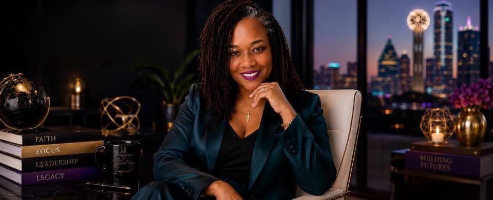 LaJoy Grant seated in an office overlooking the Dallas skyline at night