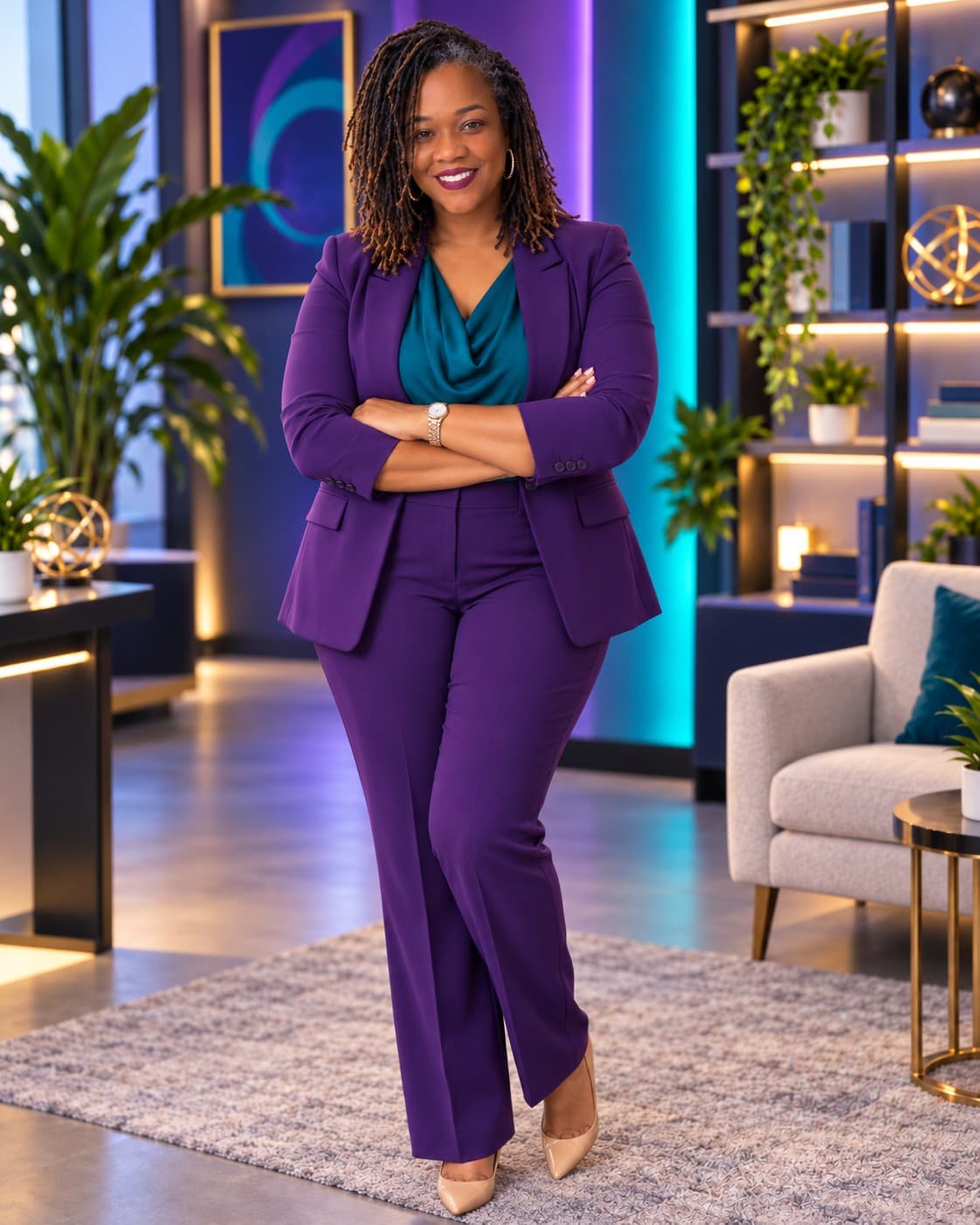 LaJoy Grant standing with arms crossed in a Craft Purple suit in the AI CraftEd studio